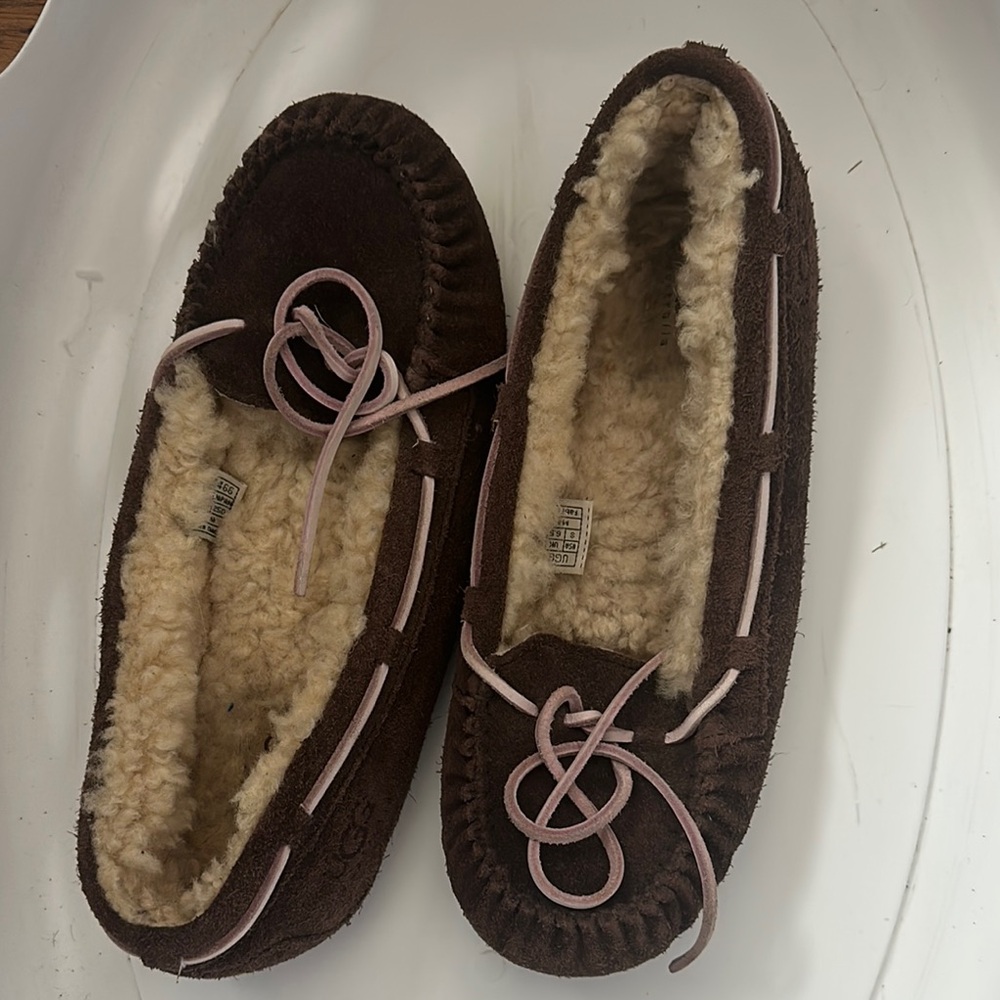 Brown Suede Moccasin Slippers with Pink Laces